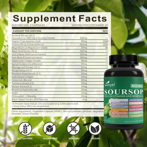Soursop Supplement Containing 20 Herbal Extracts Including Seaweed,